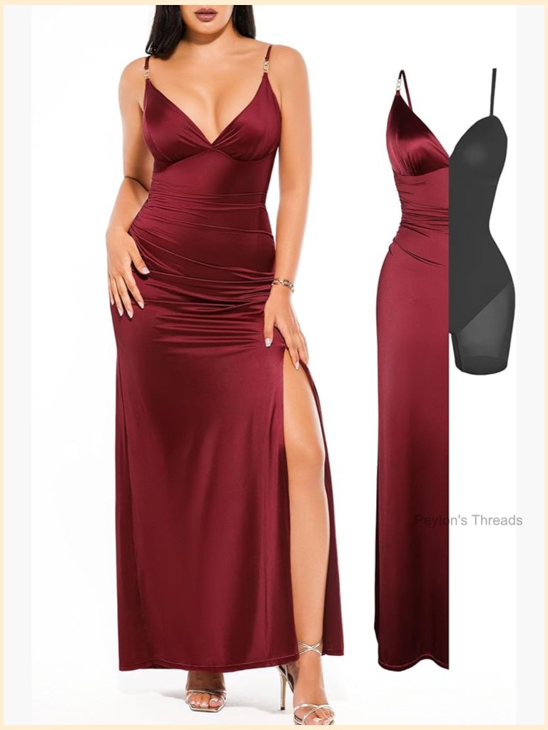 Satin Maxi Dress Deep V Neck Ruched Shapewear Bodycon Side Slit Formal